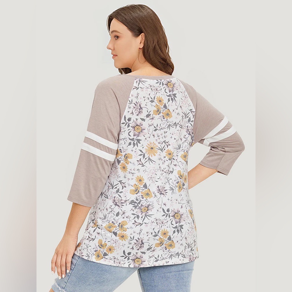 Floral Print Patchwork Raglan Sleeve T-Shirt - Medium - Picture 2 of 6